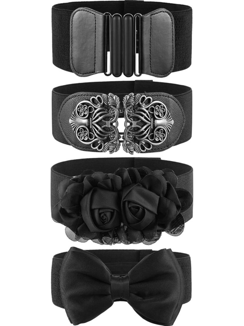 Vintage Wide Waist Belt Set - 4 Pieces Black Elastic Belts for Women, Fashion